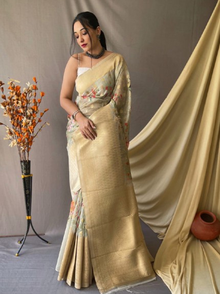 Amazing Stylish Digital Printed Pure Kora Organza Saree with Golden zari rich pallu.