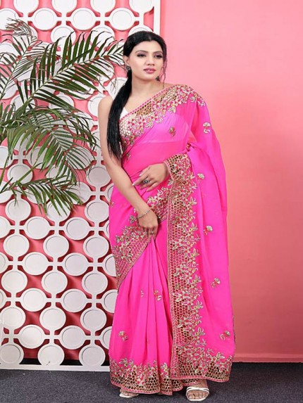 Graceful Georgette Saree with embroidery work Rich pallu & border having effect of jaal design