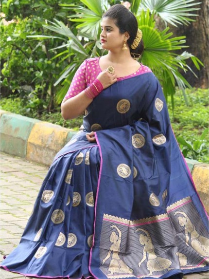 Latest Traditional Look Blue  Color Soft Banarasi Silk Rich Pallu With Checks And Peacock Butta And Full Saree Peacock Butta Saree