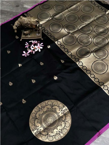Stunning Look Black Color Banarsi Silk Fabric Saree