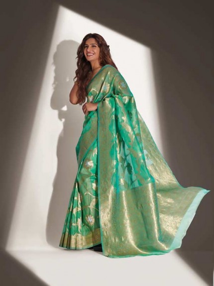 Stylish Look Green Colour Soft Banarasi Organza Weaving with Contrast Hand dyed Banglory Blouse