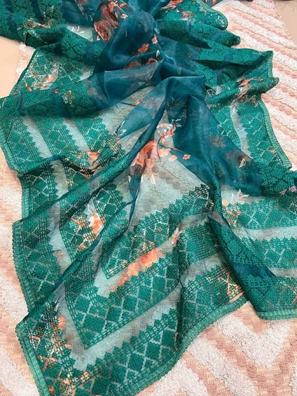 Modern Look Organza Silk Printed Saree with beautiful Pallu & border of chikankari work