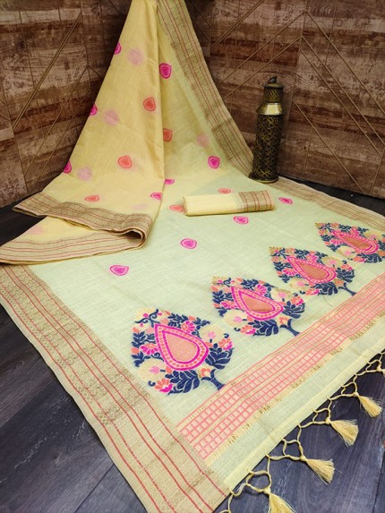 Attractive Look Pure Linen Saree with Weaving Colourfull Pallu & Zari Woven border