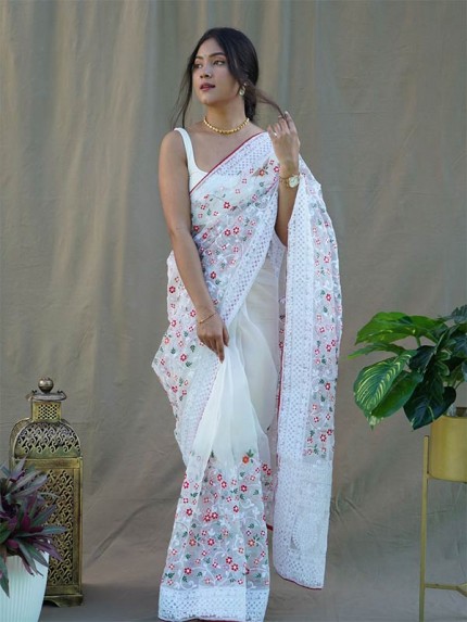 Latest Organza Silk Saree with beautiful pallu & border of Chikankari work