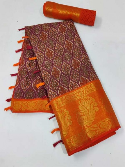 Designer Multi Colour Soft Cotton Silk With Jacquard Pannel Border with fumka And Running Blouse