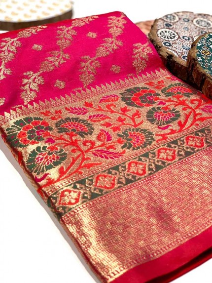 Stylish Look Pink Colour Soft STon Banarasi Silk Geometric Designer Saree