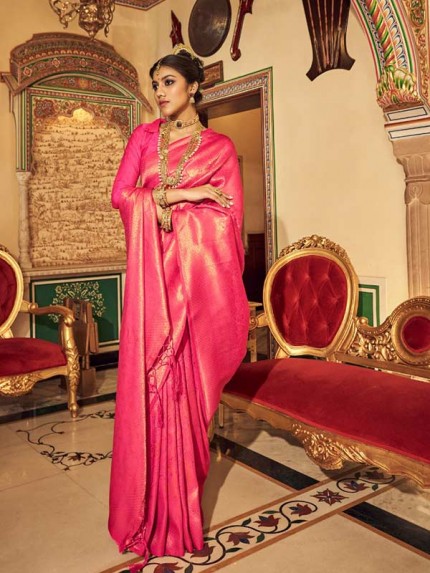  Beautiful Pink Color Soft Handloom Weaving silk with Copper Zari