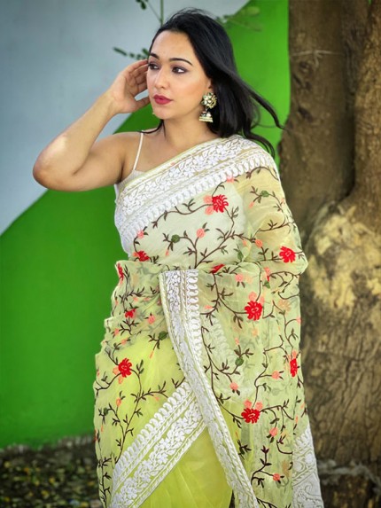 Bollywood Organza Silk Saree with beautiful pallu & border of chikankari work