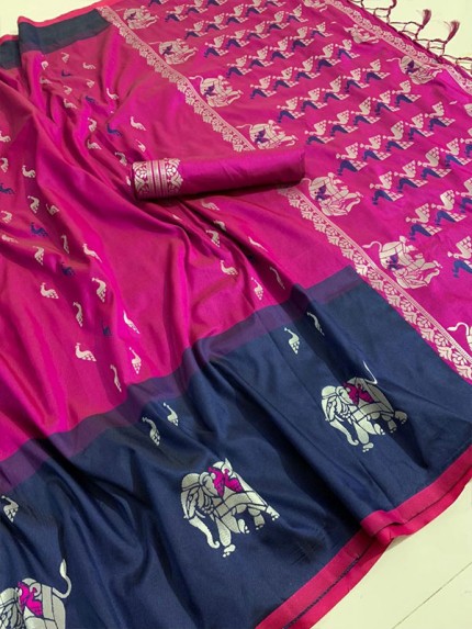 Gorgeous Look Banarasi Silk Saree with elephant weaving border