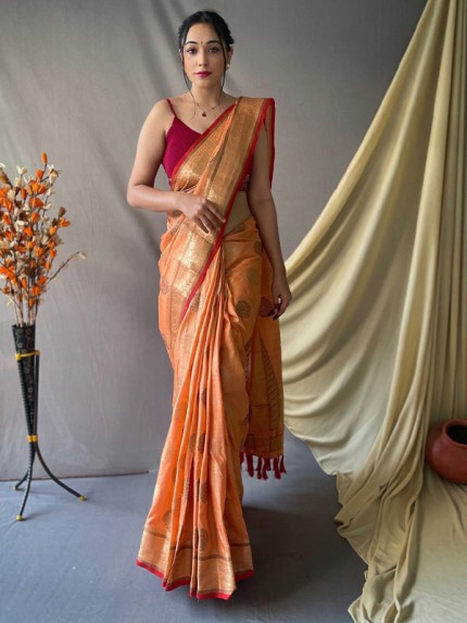 Stylish Soft Cotton Linen Saree with Copper & Gold Zari Motifs
