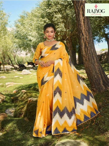 New Designer Yellow Colour  Soft Cotton With Designer Ikkat Pattern Border & Pallu Saree