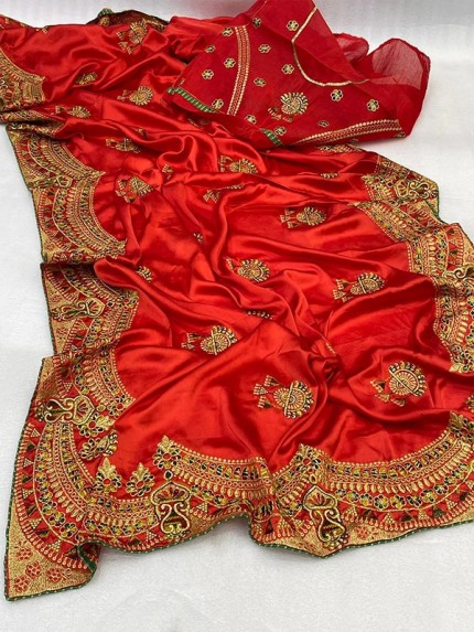 Premium Sattin Silk Saree with embroidery work & Zari Border piping  