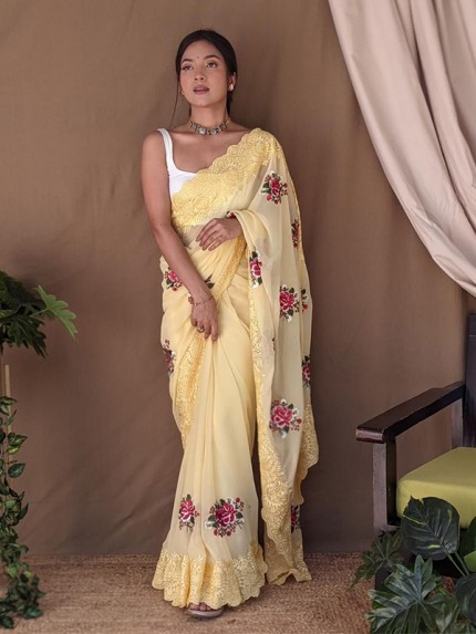 Latest Designer Georgette Silk Saree with floral work & banglori silk blouse
