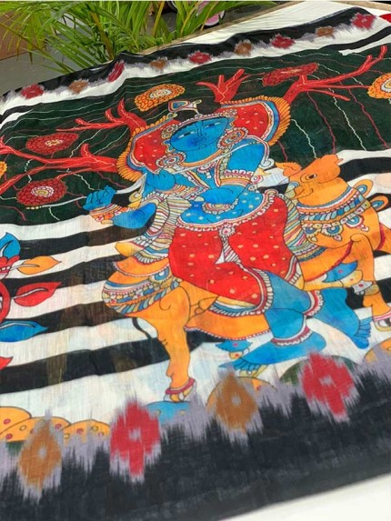 Beautiful Semi Handloom Kalamkari  Designed Blend Print Saree
