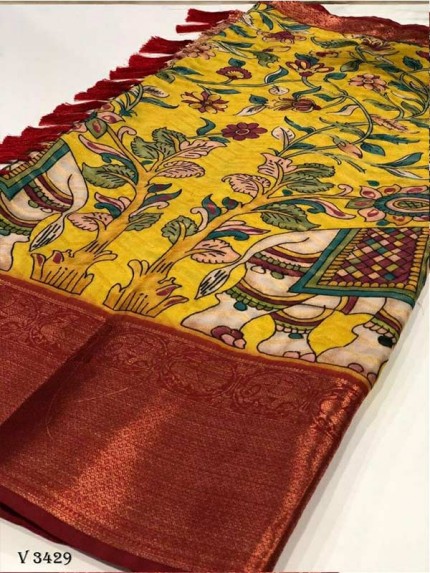 Stylish Look Yellow Colour Soft Banarasi Silk Kalamkari Block Print Designe Party Wear Saree