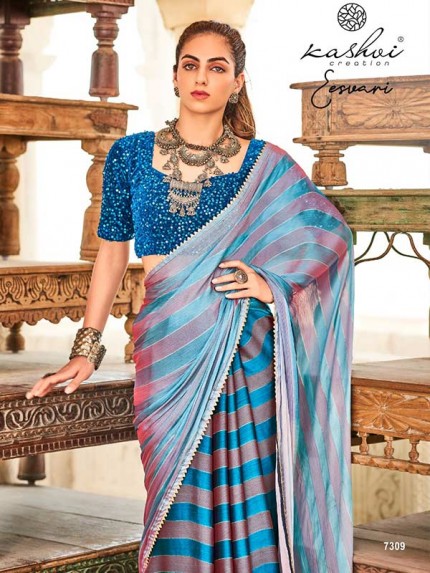 Fabulous Rainbow Satin Patta With Fancy Lace And Designer Blouse Saree