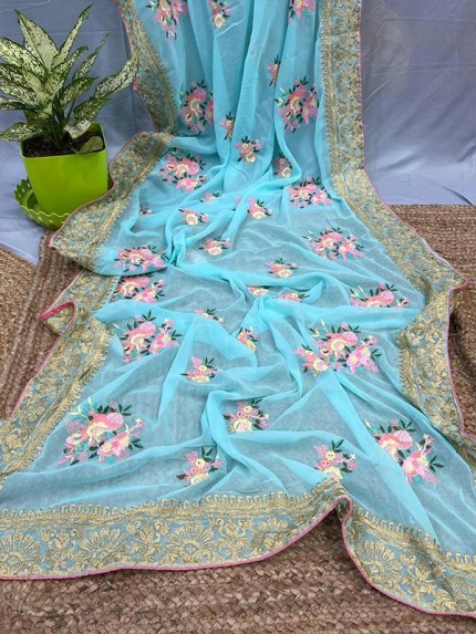 Celebrity Style Georgette Silk Saree with flower work & banglori Sattin Silk blouse