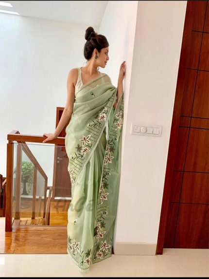 Premium Organza Silk Saree with flower work piping & banglori sattin blouse