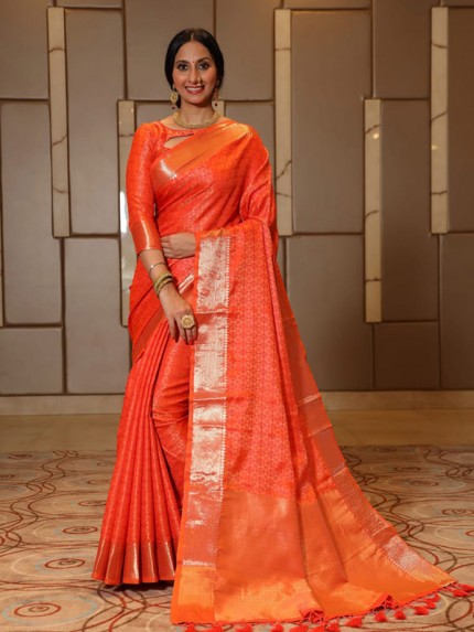 Stylish Look Soft Banarasi Silk Saree with self weaving AllOver with zari border