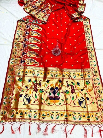 Gorgeous Look Red Paithani Silk Saree with Jacquard weaving border