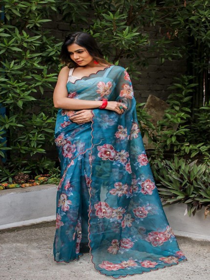 Attractive Organza Digital printed Saree with khatli work hand work & Sattin blouse