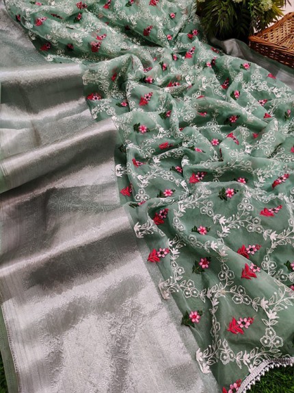 Classic Look Organza  weaving border Silk Saree with embroidery work and banglory satin blouse