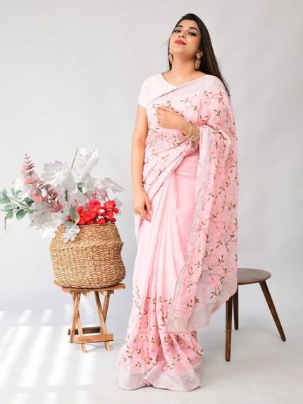 Floral Style Georgette Silk Saree with siver thread work & banglori sattin blouse
