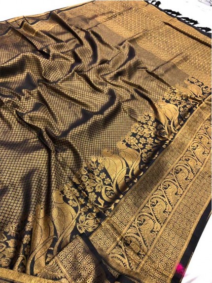 Stunning Look Black Colour Pure Banarasi Silk With Pure Gold Kasab Jari Yarn